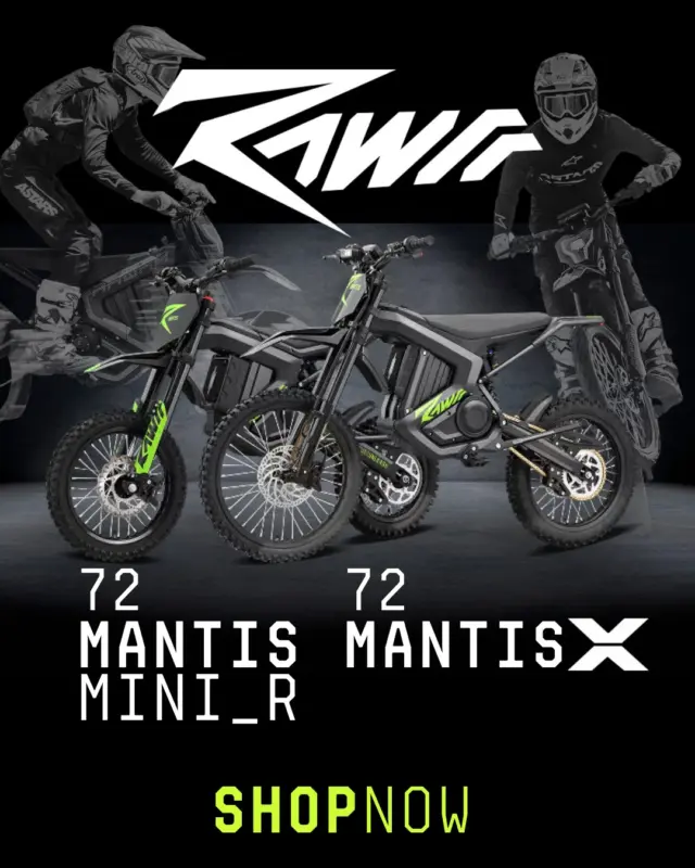 ⚡ More Volts. More Fun.
From city streets to muddy trails, the RAWRR Mantis X 72V and Mantis Mini-R are built to outplay, outlast & outshine.

✅ 72V torque beast or lightweight Mini agility
✅ IP67 waterproof — ride rain or shine
✅ App tuning for your perfect ride

First unit AVAILABLE IN STOCK!! 

💥 Stop scrolling. Start RAWRRing.
📍 DM us to book your test ride.

#RAWRRRevolution #MantisX72V #MiniR #ElectricMoto #RideRAWRR #MoreVoltsMoreFun