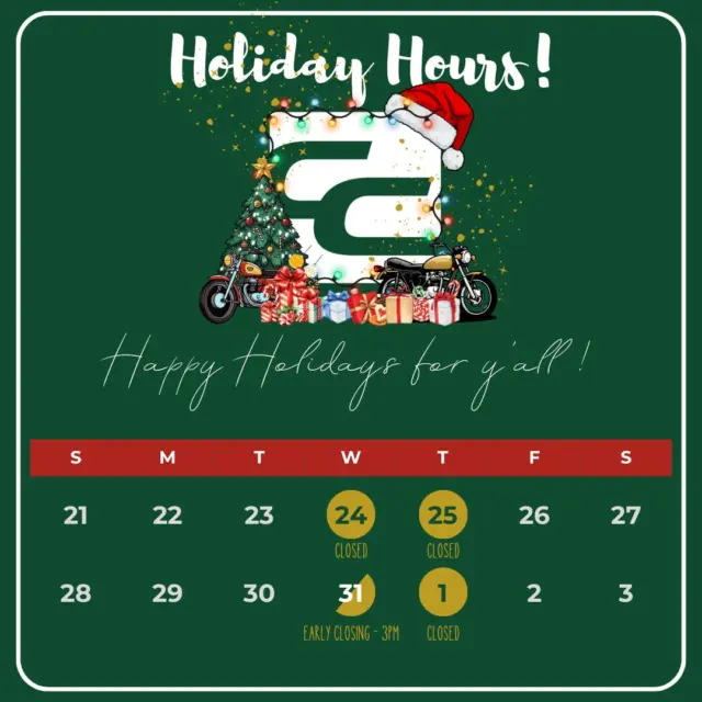 🎄 Holiday Hours & Warm Wishes ✨

As we celebrate this special time of year, please note our holiday hours:
🎅 Closed: December 24th & 25th
🎉 Early Closing: December 31st at 3:00 PM
🎆 Closed: January 1st

From all of us, we want to say thank you to our amazing friends, customers, and extended family for the love, trust, and support you’ve shown us throughout the year. We are truly grateful and feel incredibly blessed.

Wishing you a season filled with joy, peace, laughter, and lots of holiday cheer. Merry Christmas and Happy New Year! ❤️🎁🎄
#crosscountrypowersports #crosscountrycycle #bikelife #ridenj #motorcyclelife