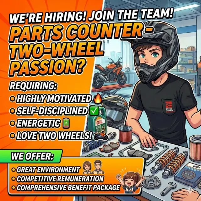 We’re hiring—and this isn’t just a job, it’s a lifestyle. 🏍️

Cross Country Powersports is looking for a high-energy, self-disciplined Parts Counter Specialist who lives and breathes two wheels. If you’re motivated, organized, and thrive in a fast-paced, rider-first environment, this is your chance to turn your passion into a career.

What you’ll get:
⚡ A dynamic, fun, and supportive team
⚡ Competitive pay + comprehensive benefits
⚡ A workplace built around motorcycles, community, and good vibes

If you’ve got the drive and the passion—we want to ride with you.

📩 Send your resume to: paul@ccbmw.com
#RideWithUs